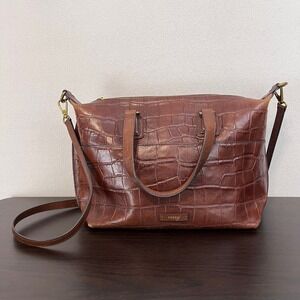 Fossil Brown Croc Embossed Leather Satchel Crossbody Bag SHB1509